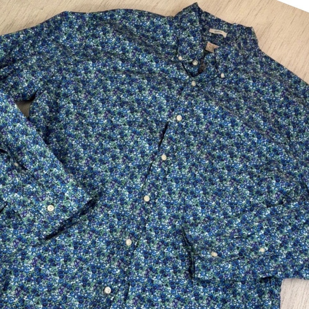 J.Crew Secret Wash Mens XL Blue Green Floral Button Down Shirt Classic Fit